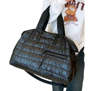 Black Quilted Puffer Duffle Bag Travel Weekender Gym Tote with Detachable Strap